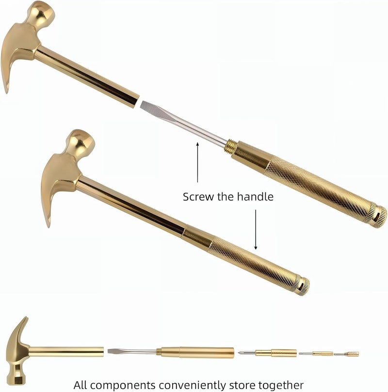 Kinobo Multifunction Hammer 6 in 1 with Slotted/Flat Head Phillips Screwdriver Claw Hammer Manual, Portable Metal Mini Tool Hammer (Gold) - Image 5